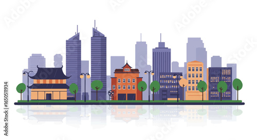 Diverse city skyline illustration with modern skyscrapers traditional buildings and a water reflection.