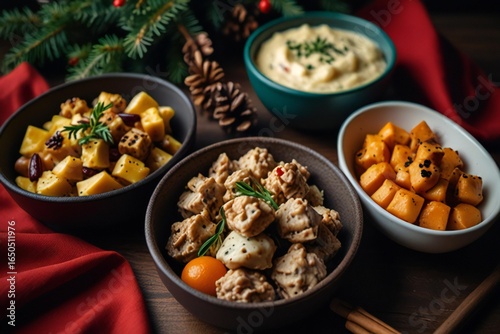 Festive holiday appetizers and sides arranged for a celebration