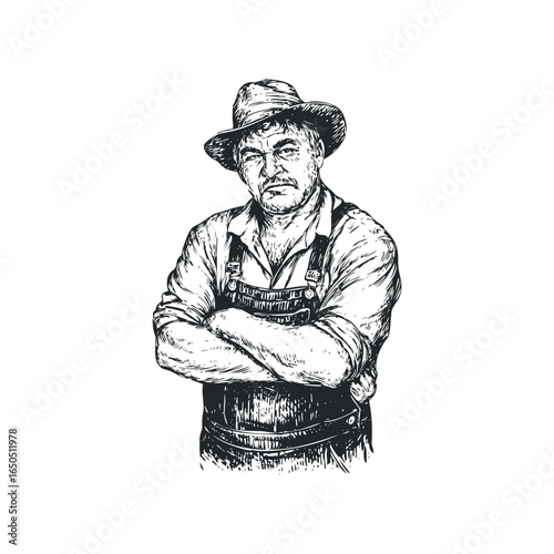 Roughly drawn man wearing overalls and hat with arms crossed