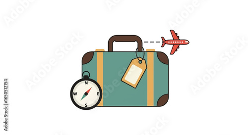 Flat vector illustration of a retro travel concept with a suitcase compass and airplane.