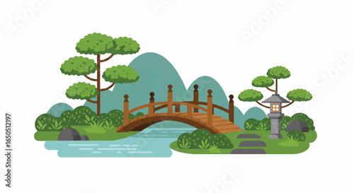 Flat vector illustration of a tranquil Japanese garden with a wooden bridge bonsai trees and a stone lantern.