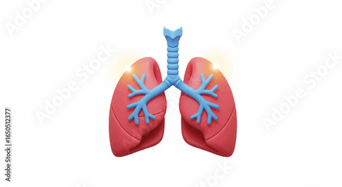 Glowing pink human lungs with blue trachea and bronchi a stylized 3D anatomical model.