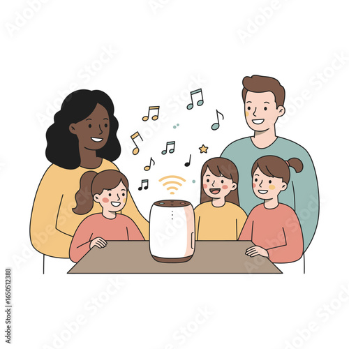 Happy family enjoying music together with a smart speaker, creating joyful moments and shared experiences