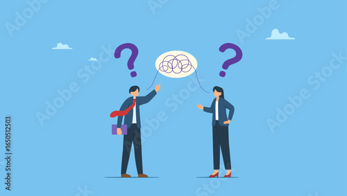 Business people colleagues communicate with messy line. Communication problem, misunderstanding or confusion, mess or chaos communicate, conflict opinion, discussion or meeting conversation.