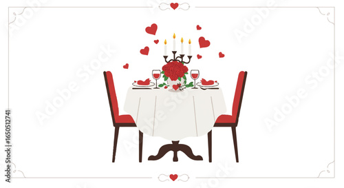 Illustrated romantic dinner table for two with red roses wine and a lit candelabra surrounded by floating hearts.