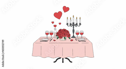 Illustrated romantic dinner table for two with red roses wine candlelight and floating hearts.