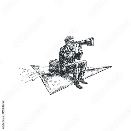 Man riding paper airplane using telescope looking into distance