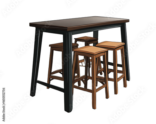Wooden bar table with stools.  Dark-brown table, dark-gray metal frame. Four light-brown stools