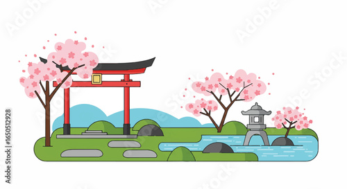 Japanese garden illustration with red torii gate cherry blossoms and a stone lantern.