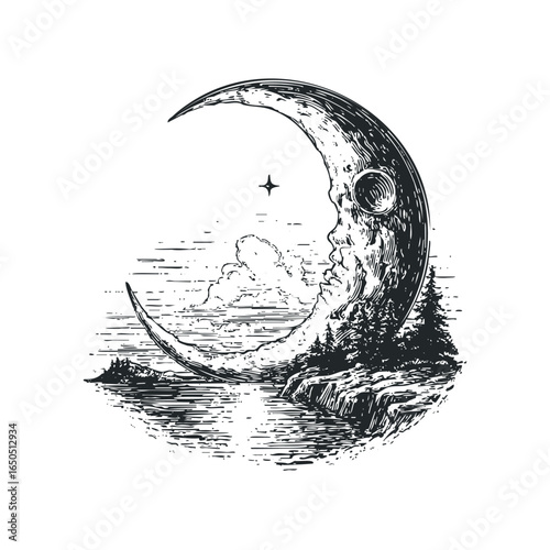 Personified Crescent Moon Over Water and Trees at Night