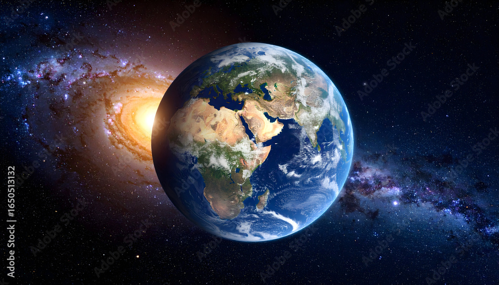Fototapeta premium Earth and Galaxy in a Cosmic Space Displaying Detailed Surface Features and Stellar Background