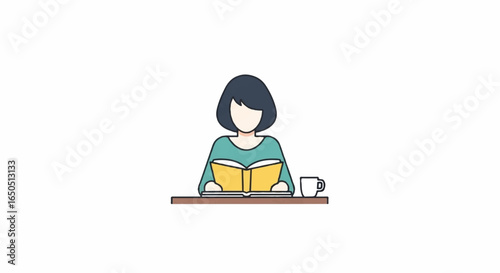 Minimalist flat illustration of a faceless woman with a bob haircut reading a yellow book at a desk.