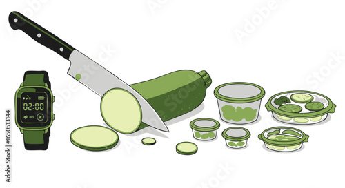 Healthy eating and meal prepping with a smart watch, knife, zucchini, and food containers for a balanced lifestyle