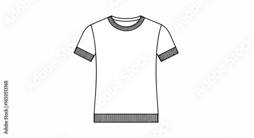 Minimalist black outline drawing of a classic tshirt featuring a ribbed crew neck sleeve cuffs and waistband.