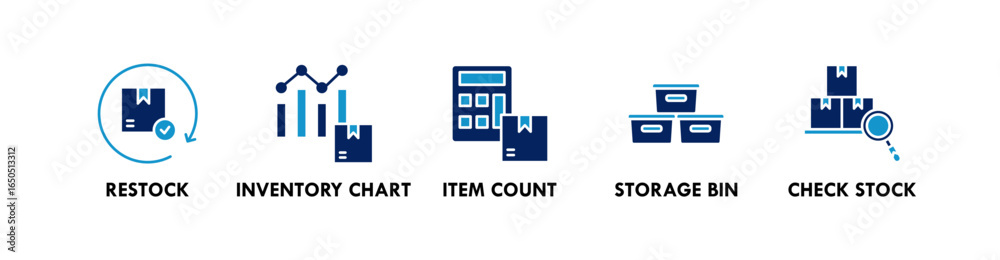 Fototapeta premium Inventory Management banner web icon illustration concept with icon of restock, inventory chart, item count, storage bin, and check stock