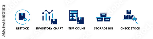 Inventory Management banner web icon illustration concept with icon of restock, inventory chart, item count, storage bin, and check stock