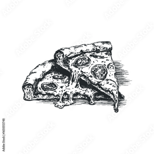 Hand-drawn sketch of two delicious slices of pizza with melted cheese