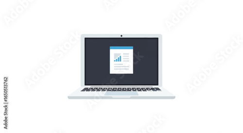 Modern light grey laptop computer displaying a business data report with a blue bar chart on its screen.