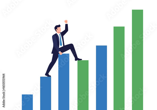 A man climbs a bar graph fist raised showing increasing progress