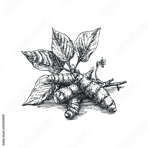 Engaging Hand-Drawn Illustration of Turmeric Roots with Leaves