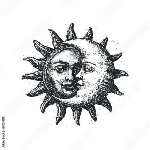 Sun and Moon Face Combination With Celestial Rays