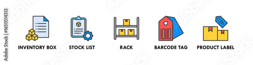 Inventory Management banner web icon illustration concept with icon of inventory box, stock list, rack, barcode tag, and product label