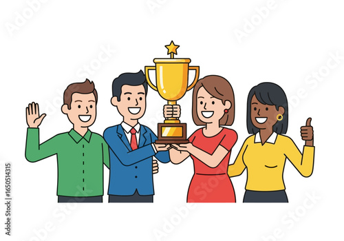 Four people holding a golden trophy and celebrating with a thumbsup gesture