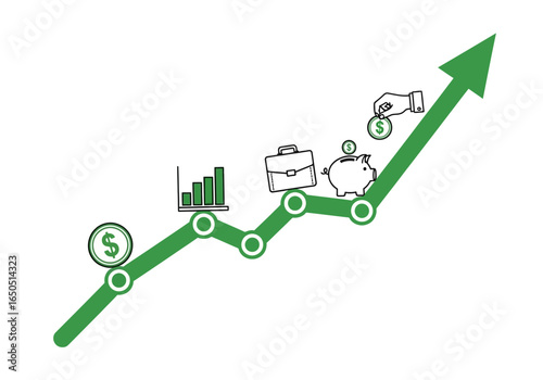 Green arrow pointing up with financial icons dollar graph briefcase piggy bank and hand adding a coin