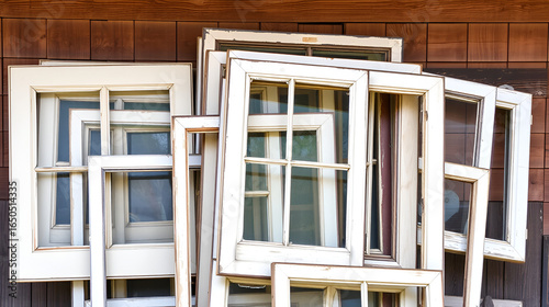 A stack of antique window frames against a weathered wooden facade