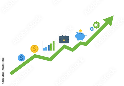 Green upward arrow coin bars briefcase piggy bank gears signify growth