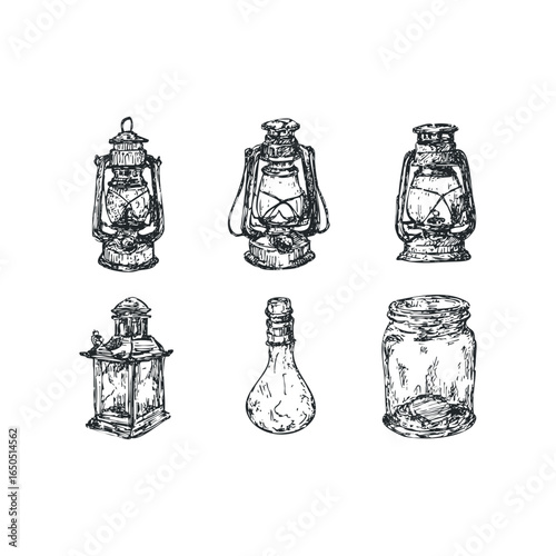 Collection of vintage kerosene lamps and glass jar sketches