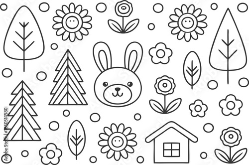 Whimsical hand drawn doodle illustration of a cute bunny face surrounded by trees flowers and a house