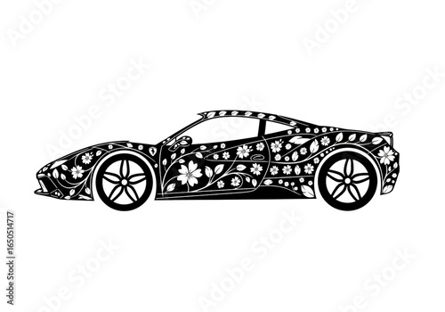 Floral Patterned Sports Car Silhouette in Black and White.