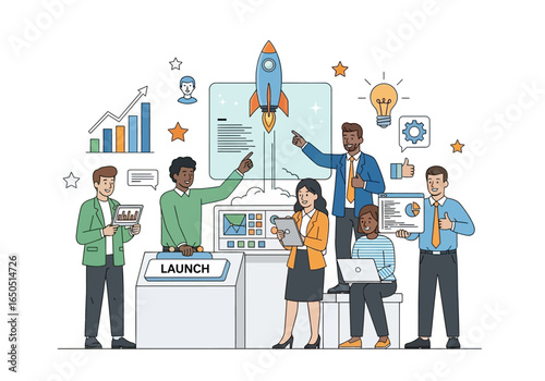Team launching rocket group of diverse professionals celebrating the start of a business initiative
