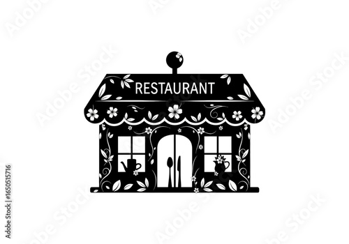 Decorative Black and White Restaurant Sign with Floral Accents.