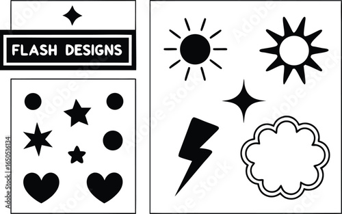 Collection of black and white simple graphic icons and symbols for design projects