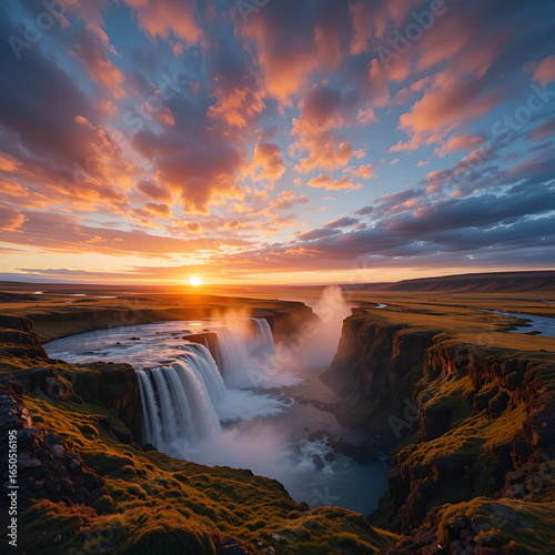 Awe-inspiring sunset vista featuring the majestic Godafoss waterfall in Iceland: