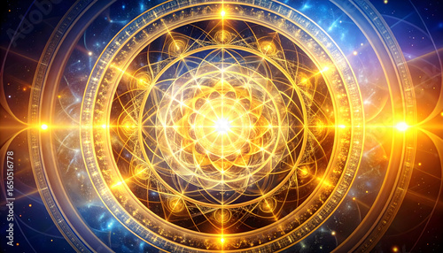 Golden Geometric Abstract Design Depicting a Luminous Energy Circle against a Dark Blue Cosmic Background with Ornate Details