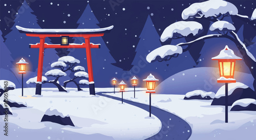 Serene Japanese winter night scene with a snowcovered red torii gate and glowing lanterns.