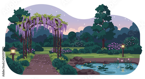 Serene twilight garden landscape with a blooming wisteria arch tranquil pond and glowing Japanese lanterns.