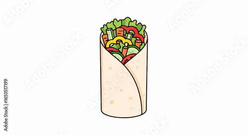 Simple cartoon illustration of a fresh vegetable tortilla wrap with colorful salad ingredients.