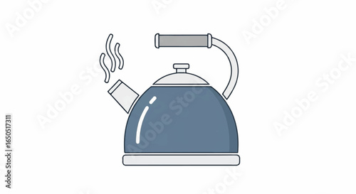 Simple line art illustration of a blue stovetop tea kettle boiling with steam rising from the spout.