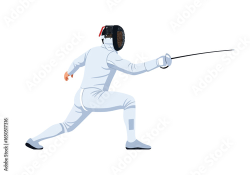 A fencer in a white suit and mask lunges forward with a sword in a fencing stance