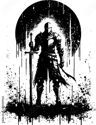  A powerful knight depicted in splattered ink style, wielding a shield and sword, exuding bravery and defense. Perfect for themes of medieval battle, heroism