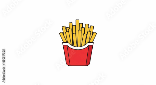 Simple cartoon illustration of golden yellow French fries in a red takeout box with black outlines.