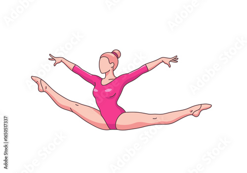 A gymnast with arms and legs outstretched Wearing a pink leotard hair in a bun doing a split