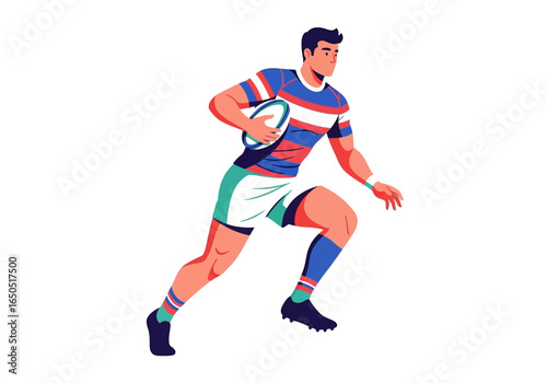 A stylized rugby player sprints with the ball wearing striped jersey and blue socks