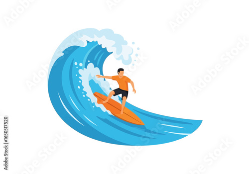 A surfer rides a wave sporting an orange shirt on a tan board The wave is blue with a white crest