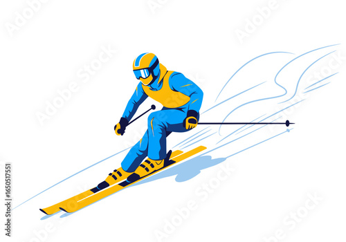 A skier in blue and yellow attire glides down a slope leaving snow trails