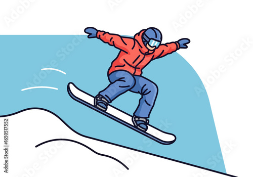 A snowboarder in red jacket and blue pants midair with a blue backdrop and snow